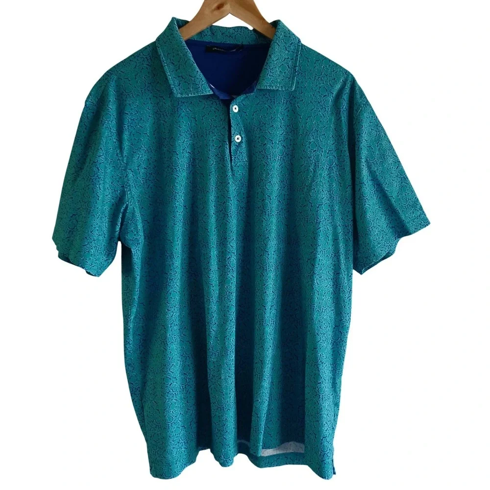 Bugatchi Performance Mens XXL Teal Blue Damask Floral Print Golf Polo Shirt‎